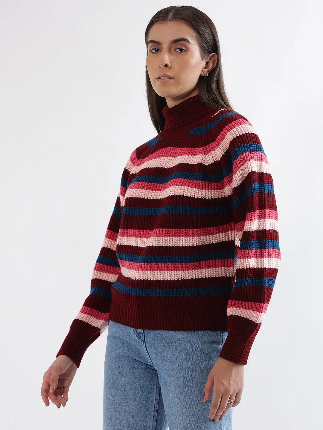 Elle Women Multi-Color Striped Turtle Neck Full Sleeves Pullover Style Sweater