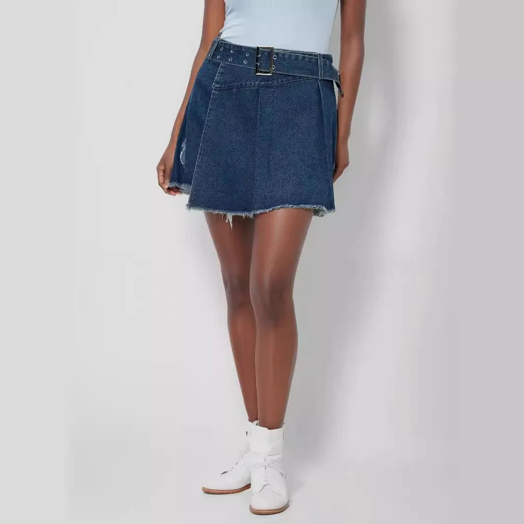 Embroidered Denim Skirt Spring Summer Irregular Asymmetric Skirt Pleated Skirt Denim Shorts