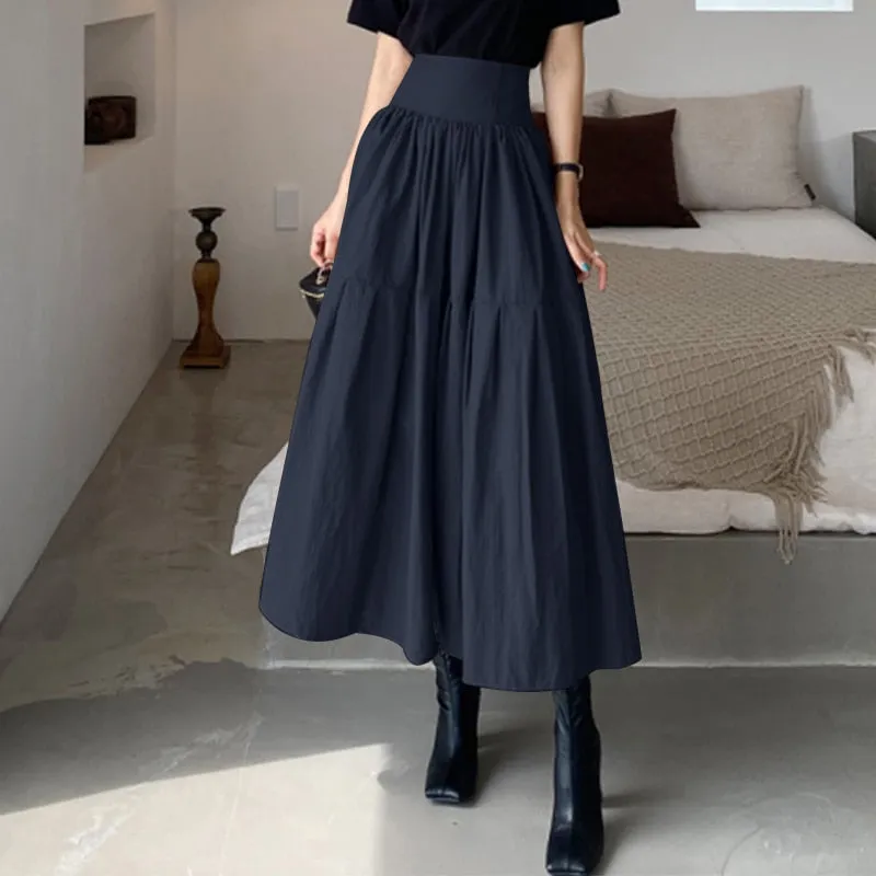 Fashion Women High Waist Skirt Pleated A-line Swing Party Skirt 2022 Autumn Casual Loose Holiday Zipper Solid Midi Skirts