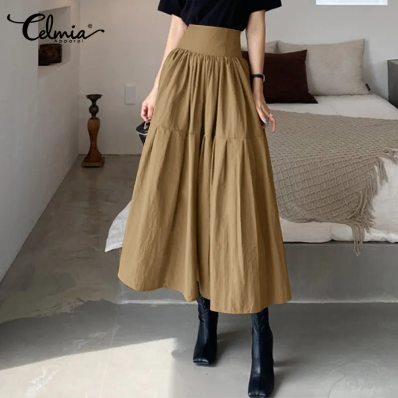 Fashion Women High Waist Skirt Pleated A-line Swing Party Skirt 2022 Autumn Casual Loose Holiday Zipper Solid Midi Skirts