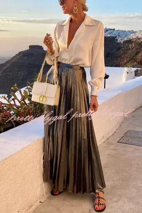 Fashionable Metallic Pleated Back Elastic Waist Maxi Skirt