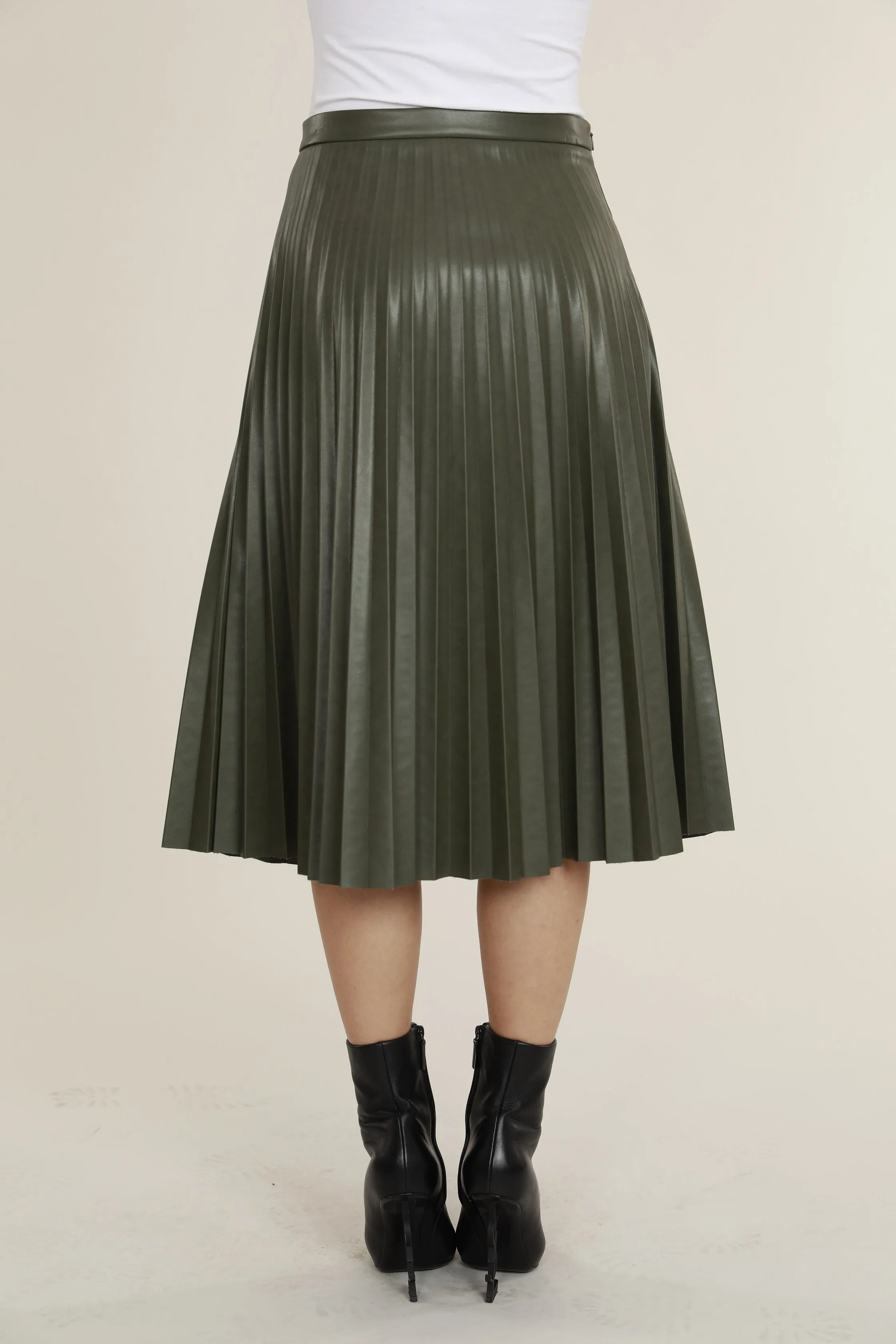 Faux Leather Pleated Midi Skirt