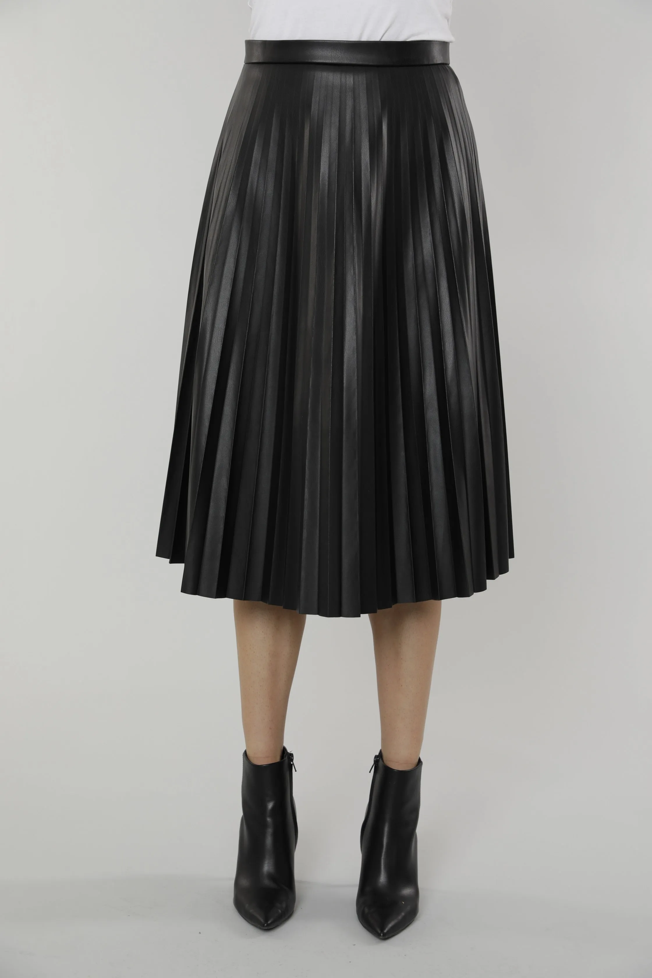 Faux Leather Pleated Midi Skirt