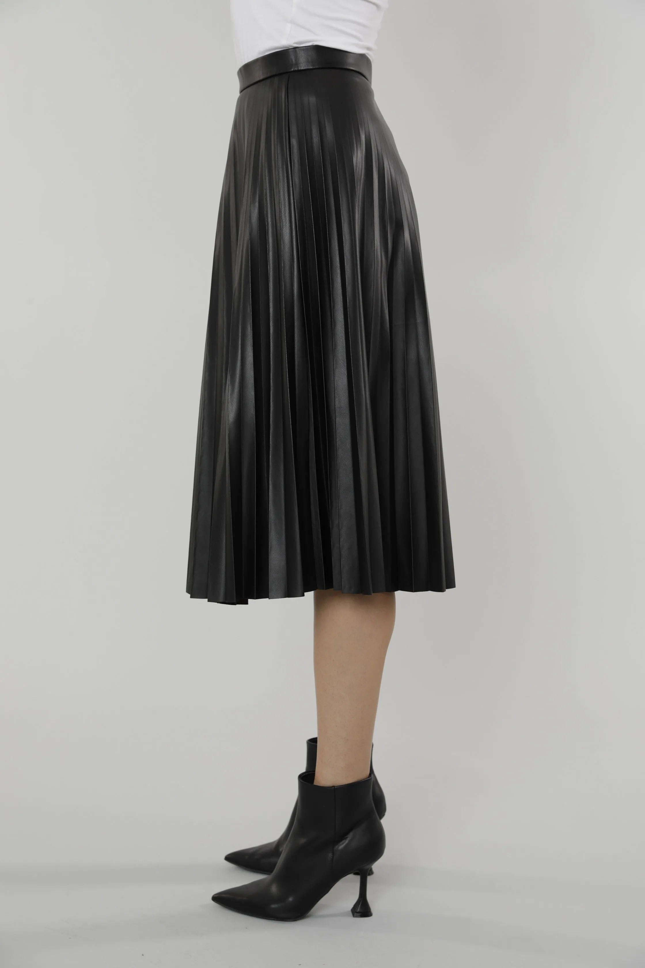 Faux Leather Pleated Midi Skirt