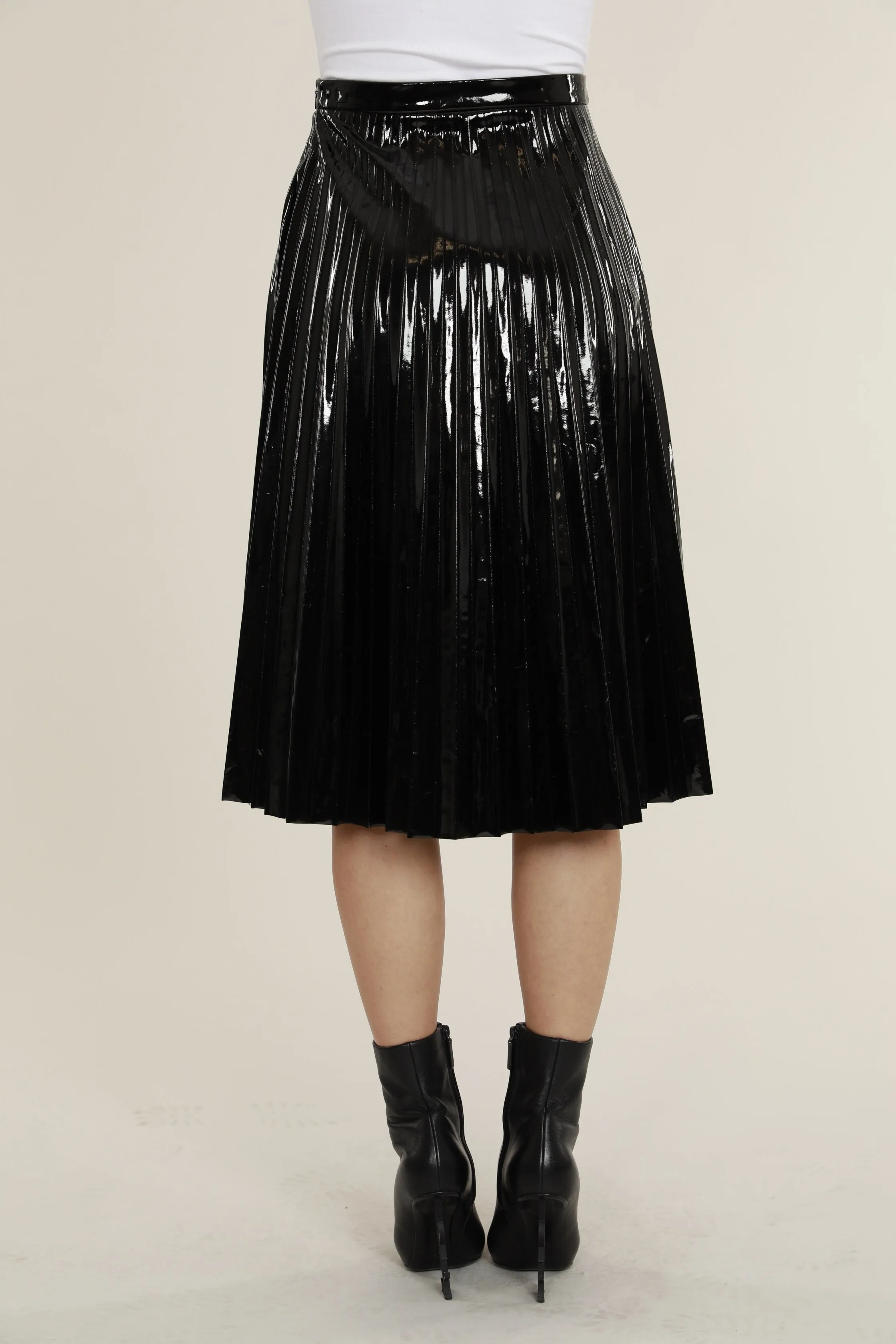 Faux Patent Leather Pleated Skirt