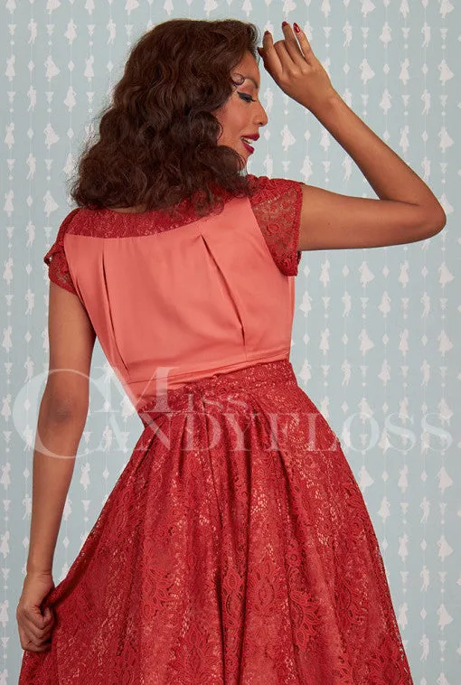 Flavia-Coral Satin top featuring elegant tulip lace sleeves by Miss Candyfloss