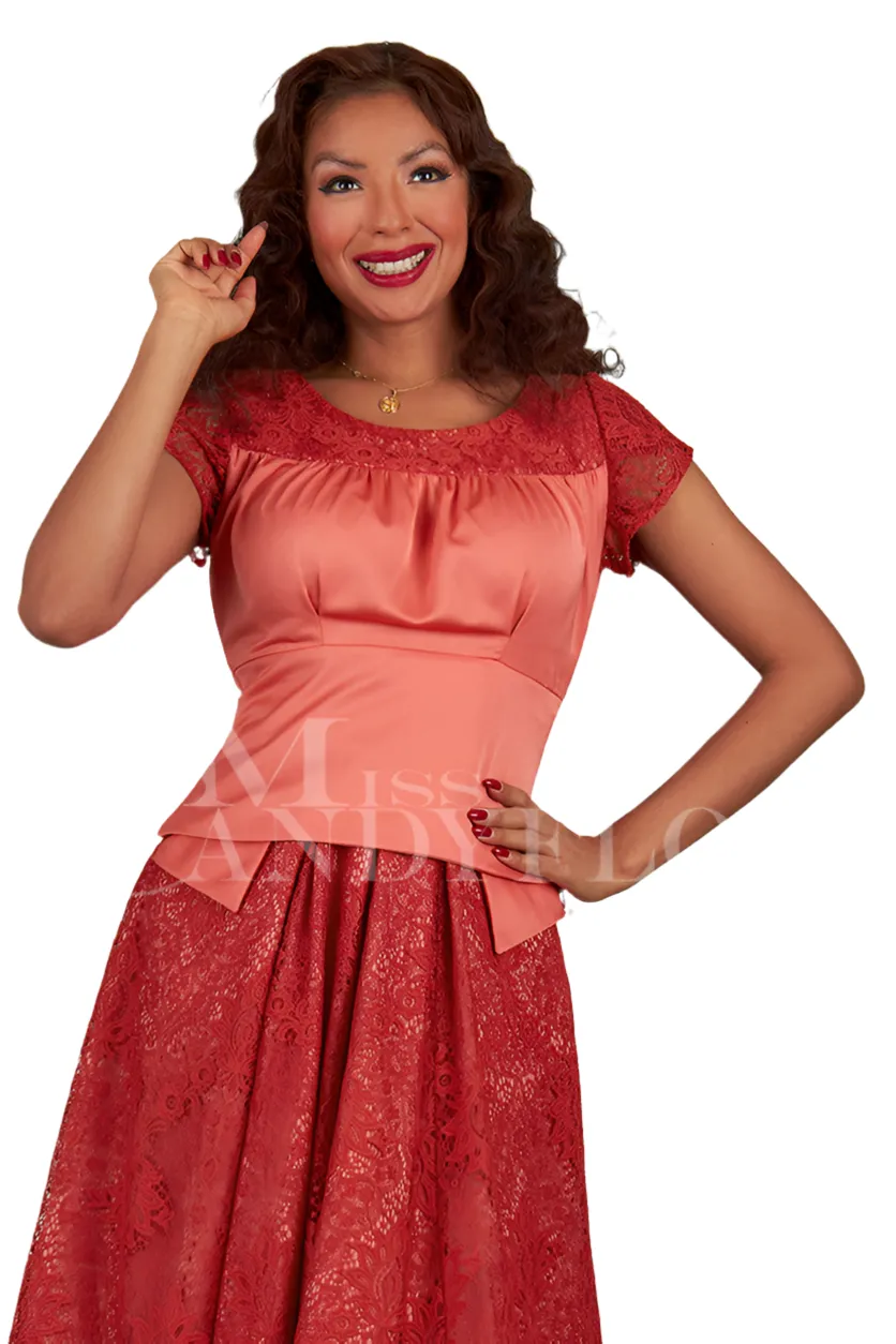 Flavia-Coral Satin top featuring elegant tulip lace sleeves by Miss Candyfloss