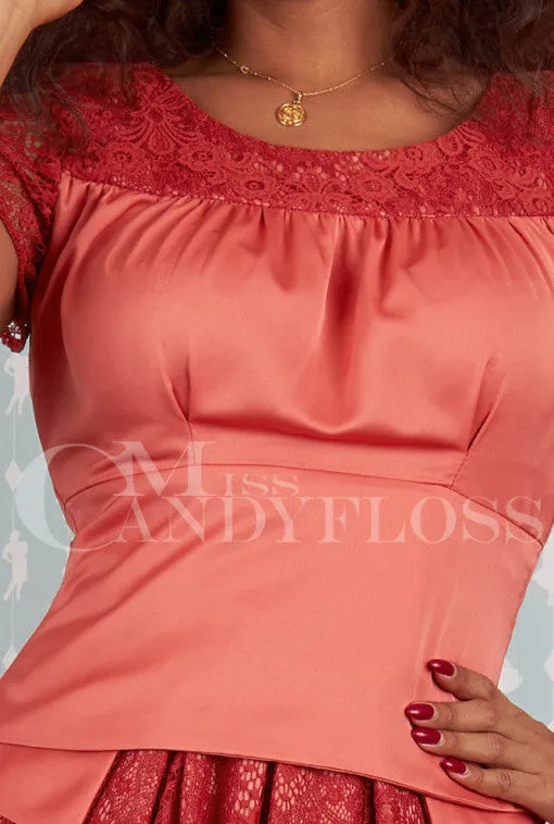 Flavia-Coral Satin top featuring elegant tulip lace sleeves by Miss Candyfloss