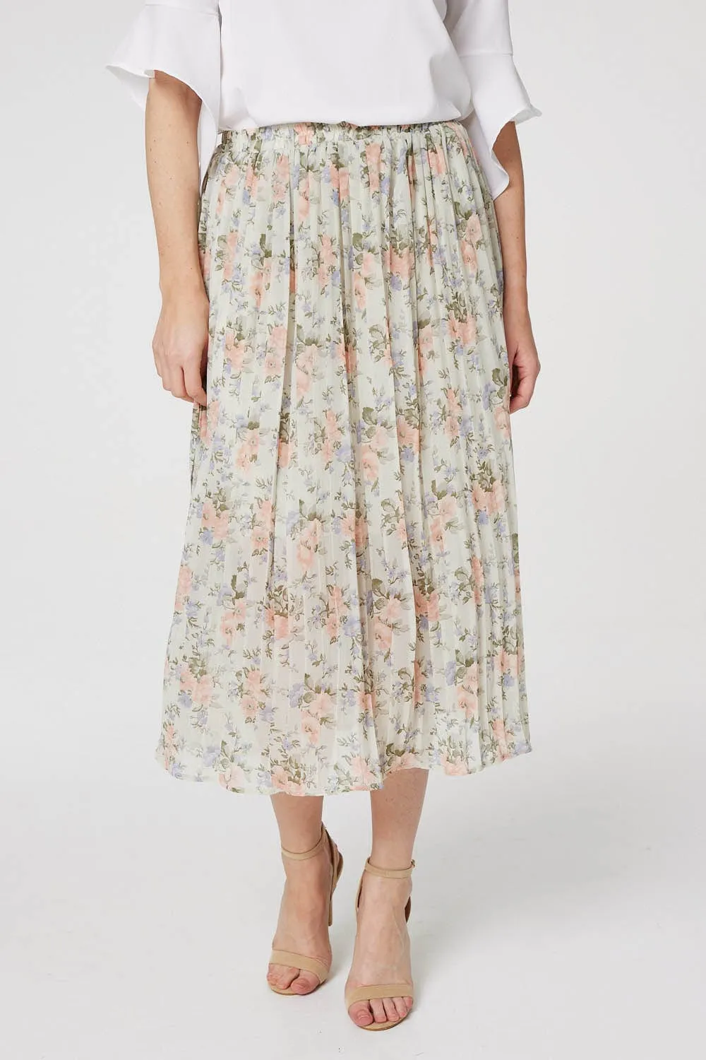 Floral High Waist Pleated Midi Skirt