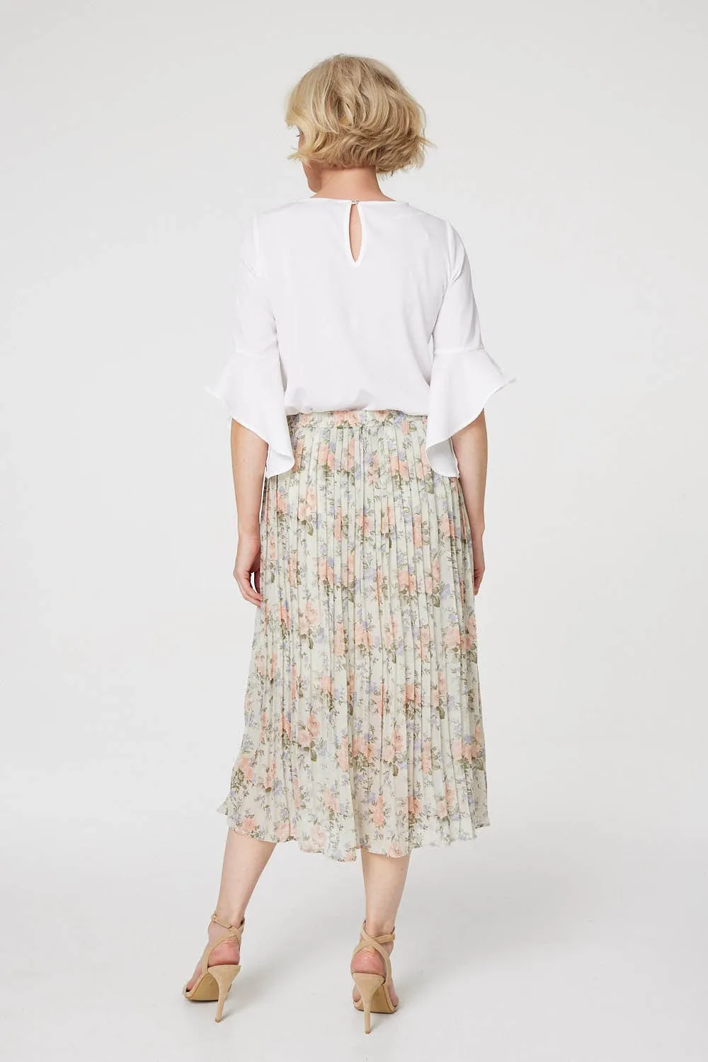 Floral High Waist Pleated Midi Skirt