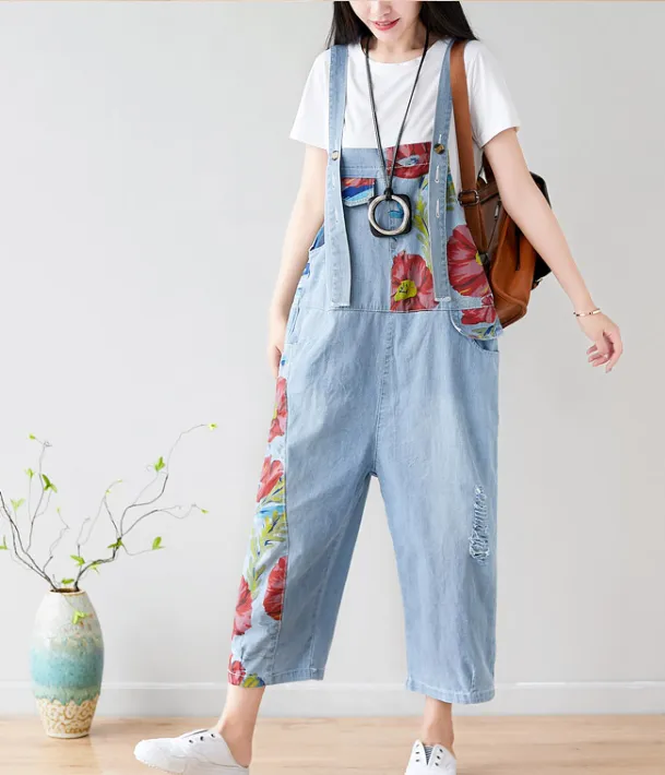 Floral Loose Denim Casual Spring Denim Overall Women Jumpsuits QY24