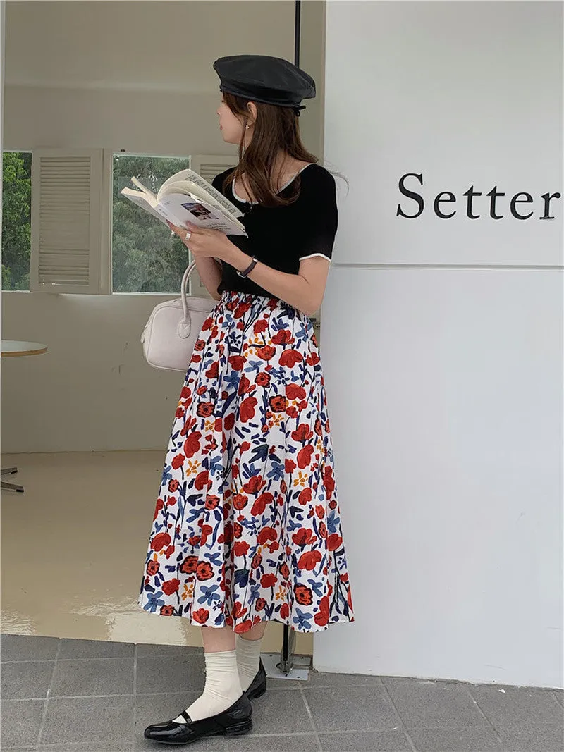 Floral Pleated High Waist A-Line Skirt