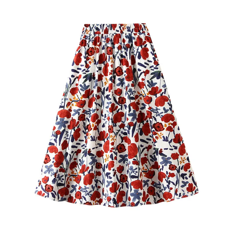 Floral Pleated High Waist A-Line Skirt