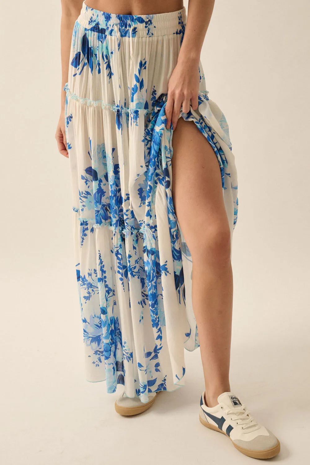 Floral Print Tiered Ruffle Drawstring Maxi Skirt