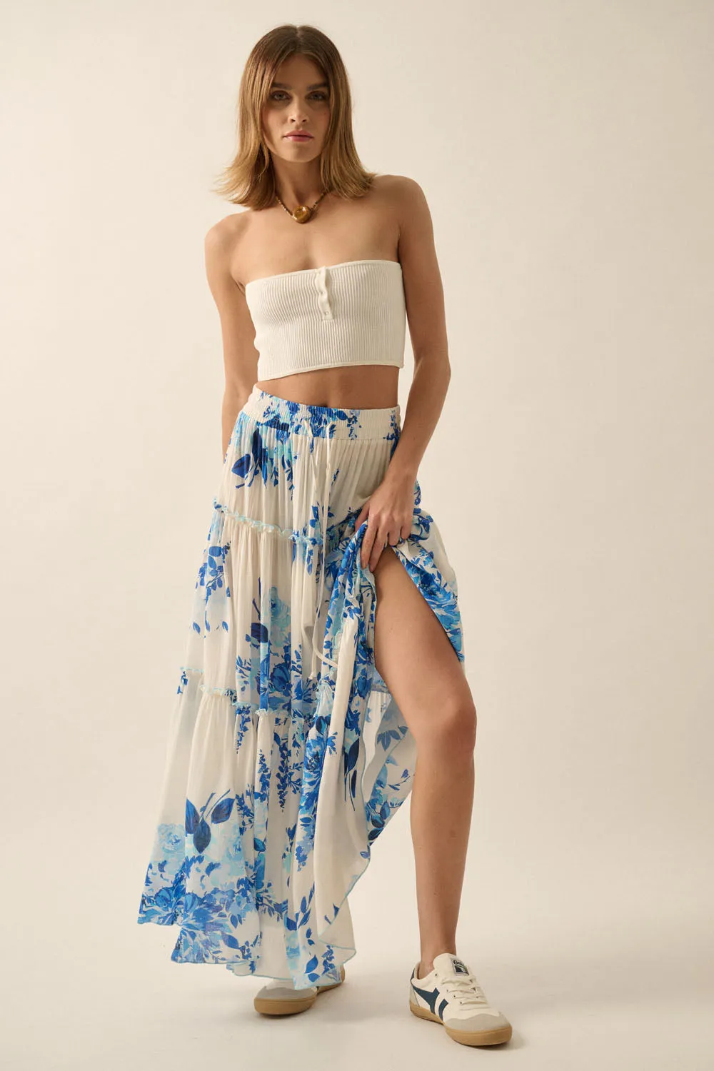 Floral Print Tiered Ruffle Drawstring Maxi Skirt