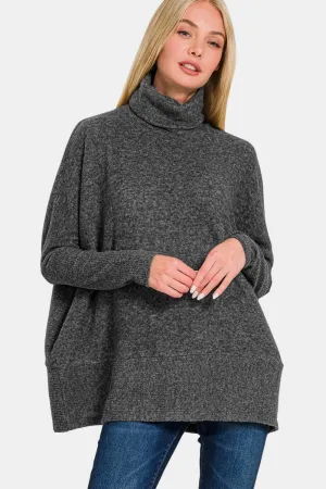 Full Size Brushed Melange Hacci Turtleneck Sweater