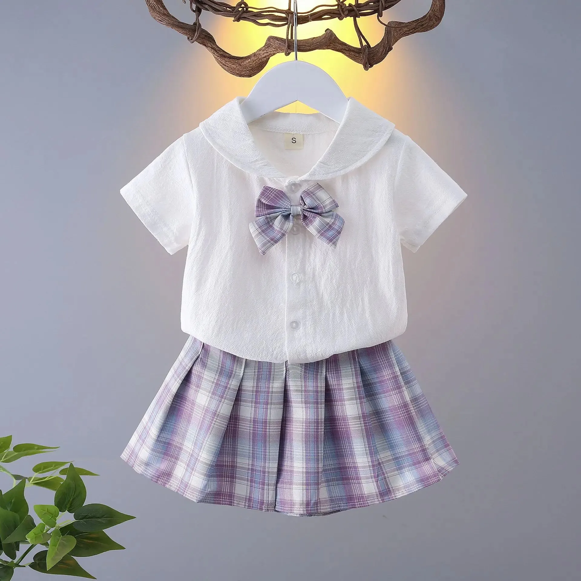 Girls College Style Jk Uniform Pleated Skirt   Short Sleeves Shirts Summer Children Big Kids School Students Sweat Clothes 0-12Y