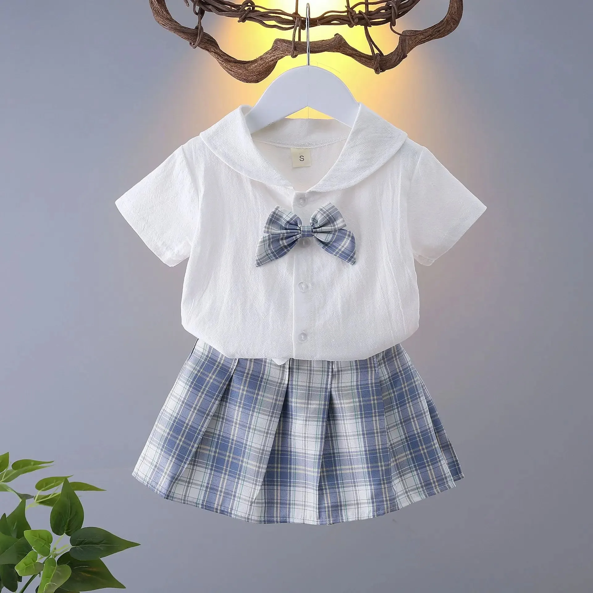 Girls College Style Jk Uniform Pleated Skirt   Short Sleeves Shirts Summer Children Big Kids School Students Sweat Clothes 0-12Y