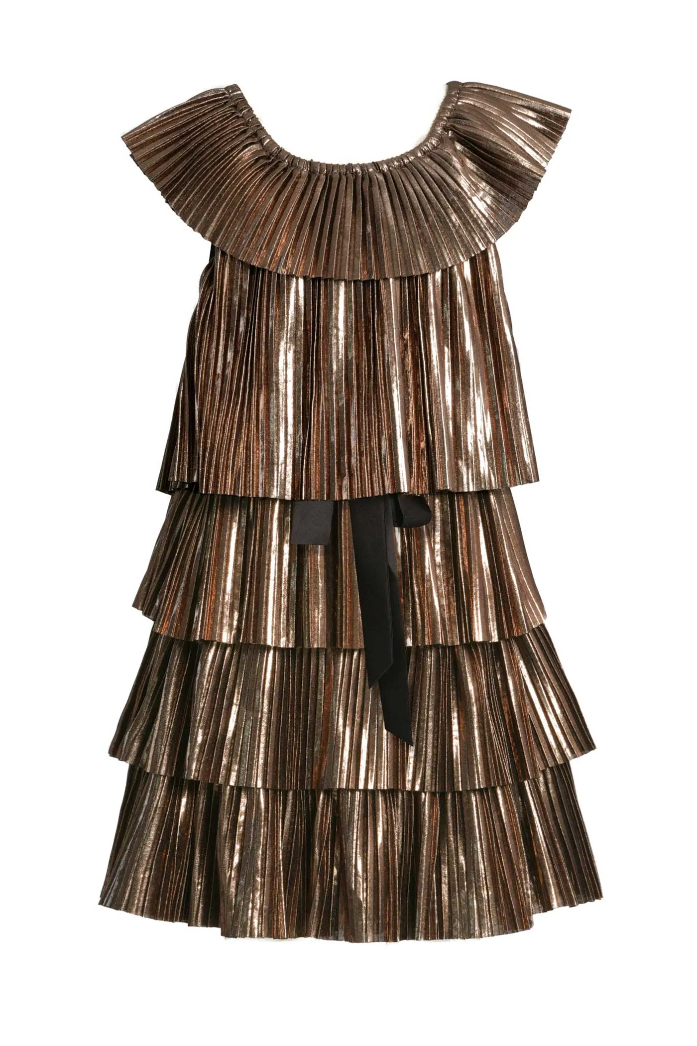 Girls Gold Metallic Pleated Party Dress