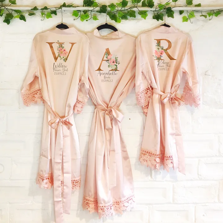 Gold & Pink Alphabet Lace Wedding Dressing Robe