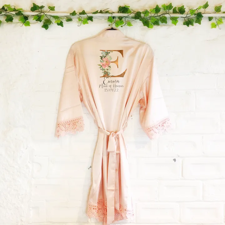 Gold & Pink Alphabet Lace Wedding Dressing Robe