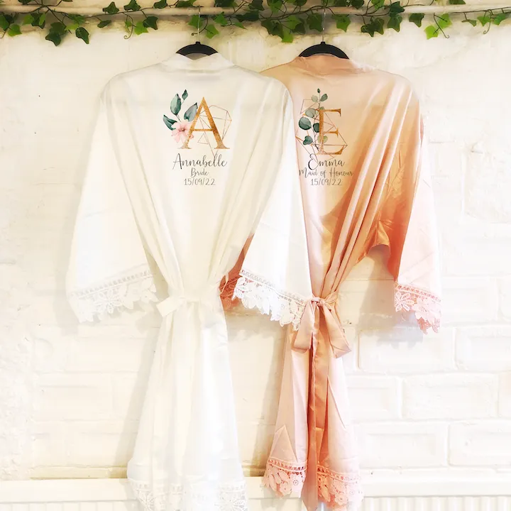 Gold Geometric Alphabet Lace Wedding Dressing Robe