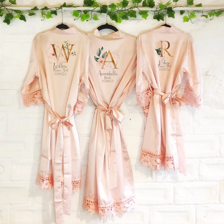 Gold Geometric Alphabet Lace Wedding Dressing Robe