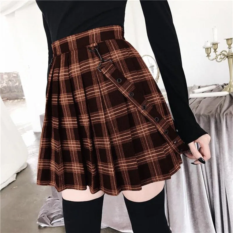 Gothic Vintage Plaid Mini Skirt Punk Hip Hop Women Suspender Strap Pleated A-Line Skater High Waist Casual Plus Size Faldas