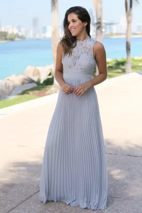 Gray Lace Maxi Dress with Pleated Skirt