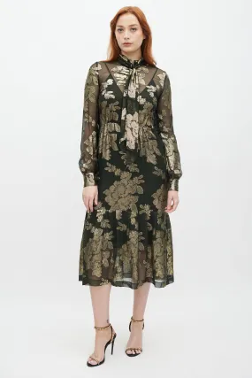 Green & Gold Silk Metallic Floral Dress