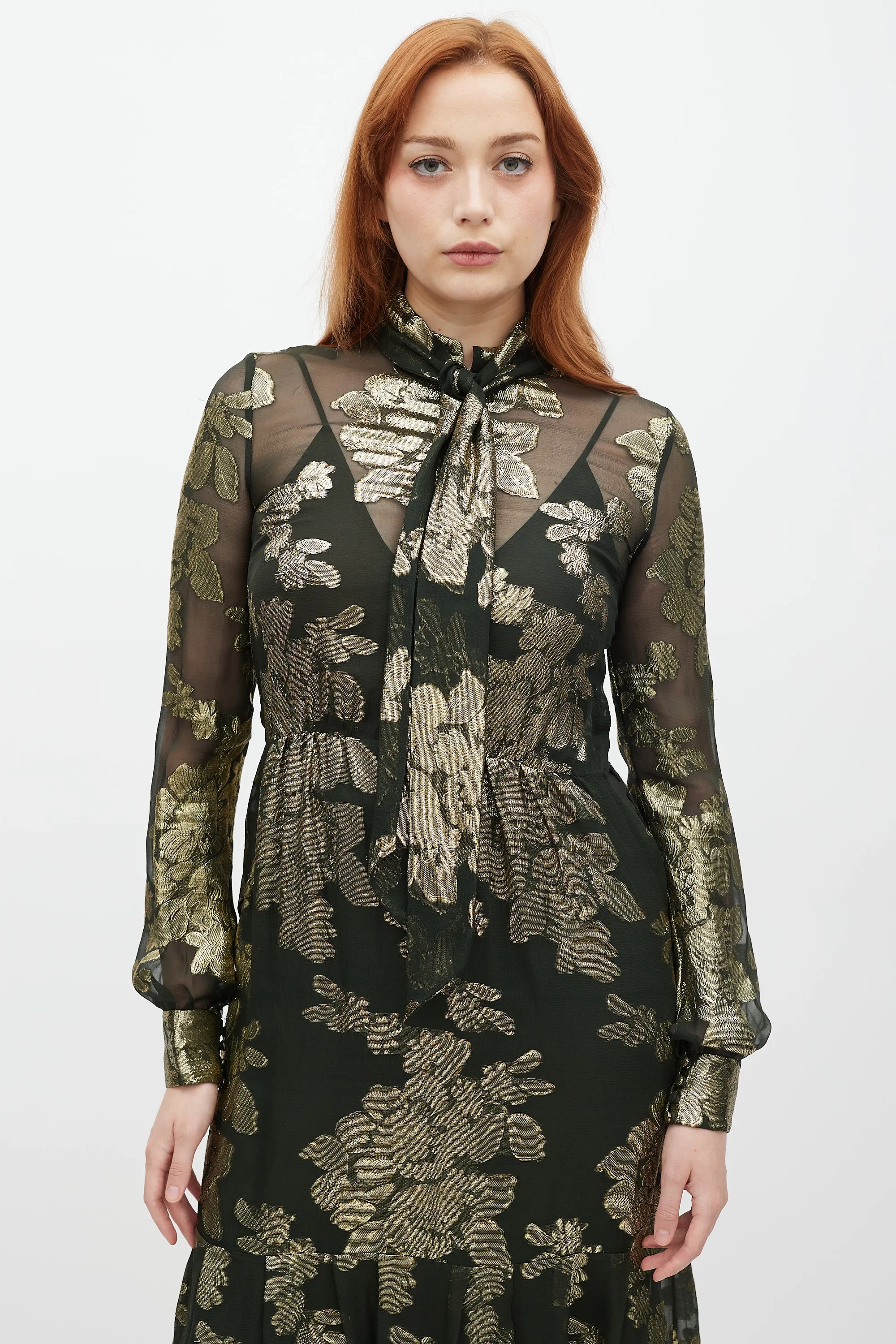 Green & Gold Silk Metallic Floral Dress