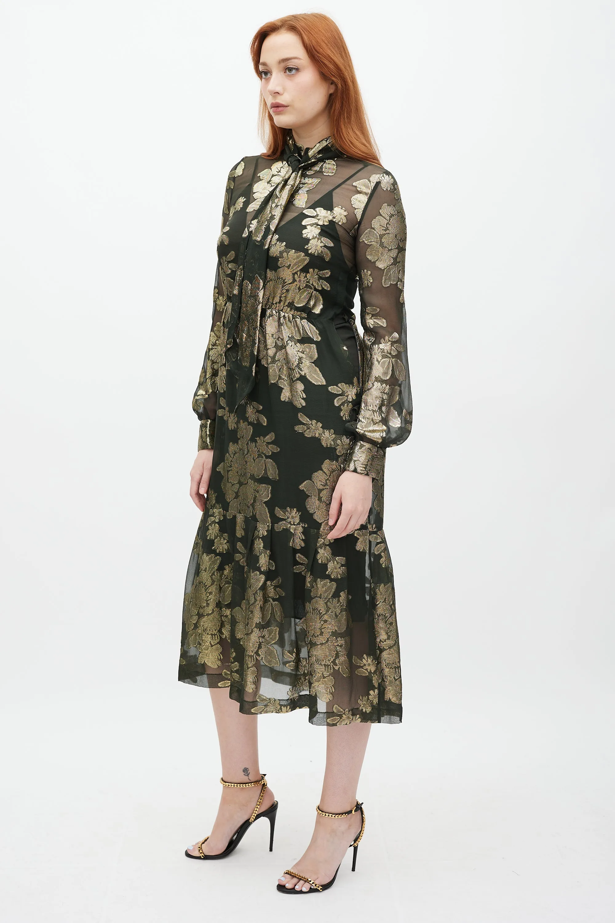 Green & Gold Silk Metallic Floral Dress