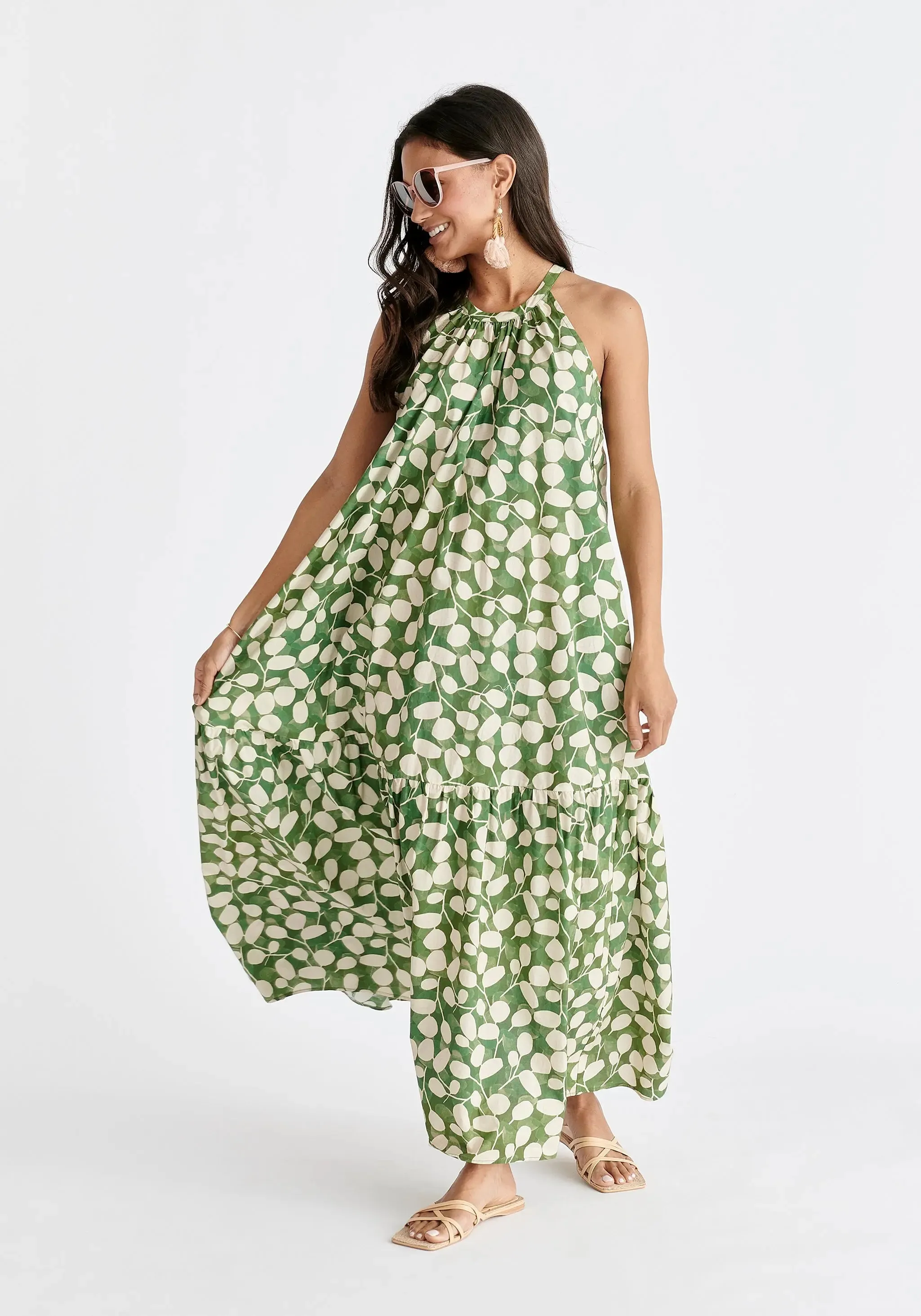 Green and Cream Halterneck Maxi Dress