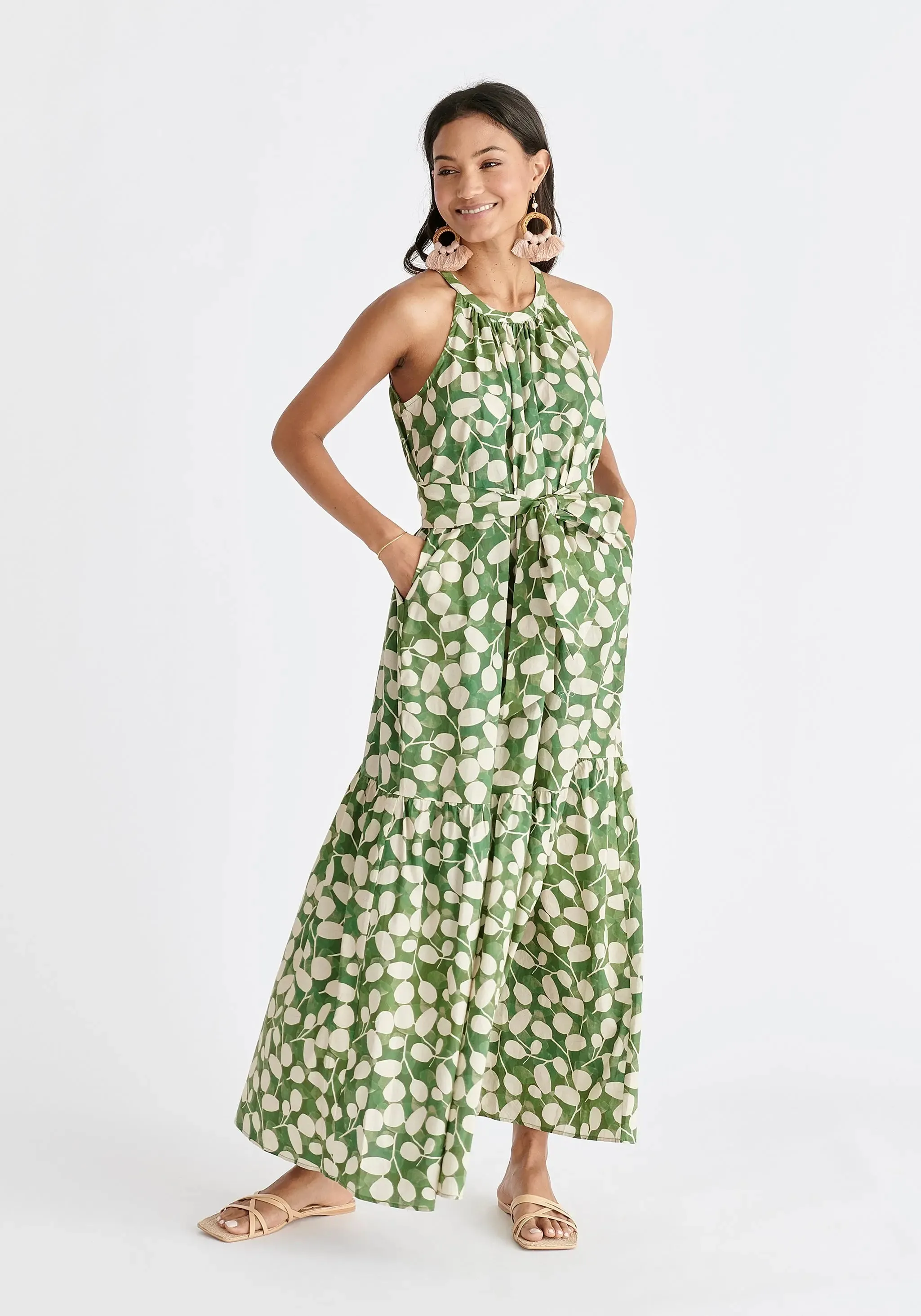 Green and Cream Halterneck Maxi Dress