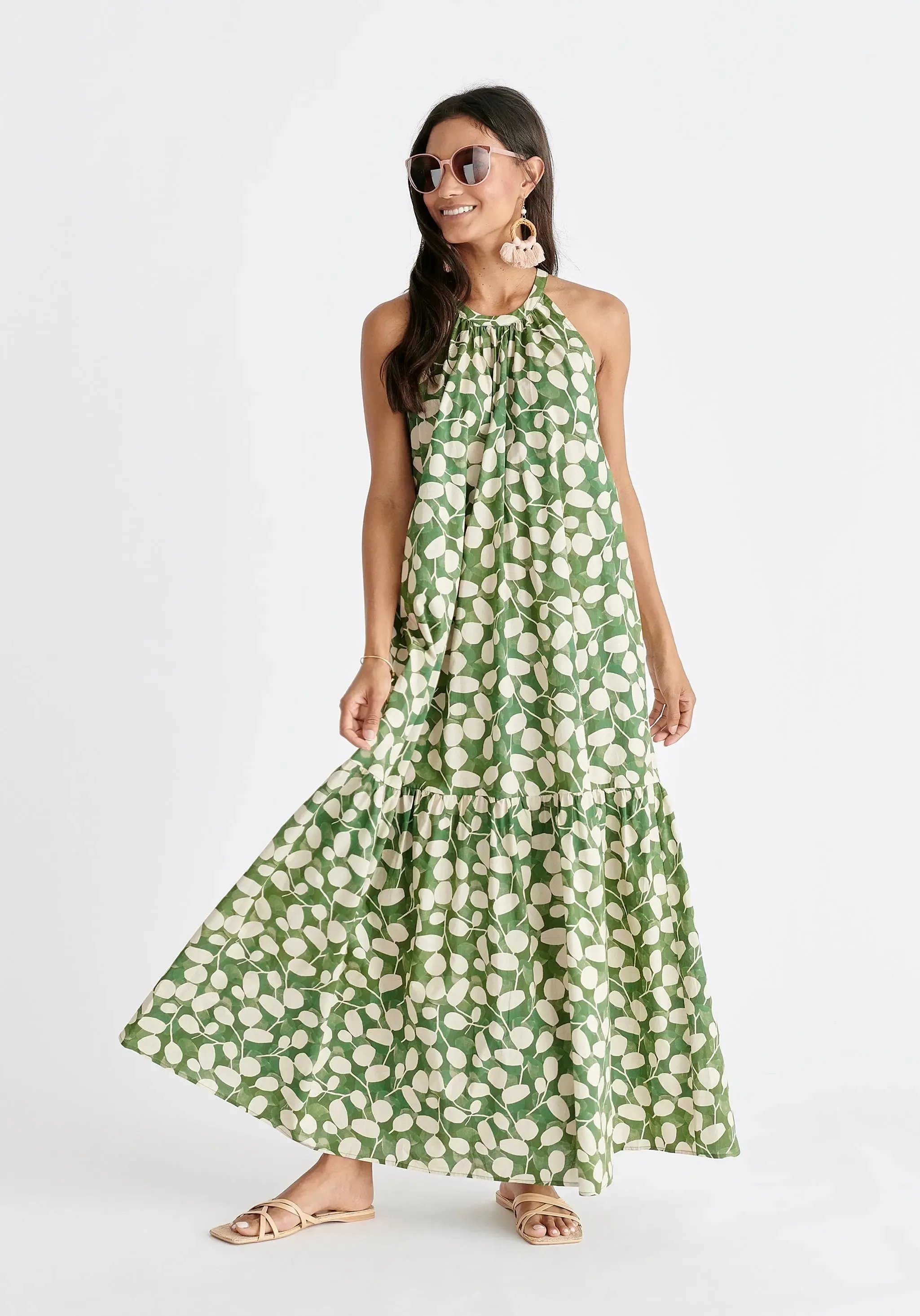 Green and Cream Halterneck Maxi Dress