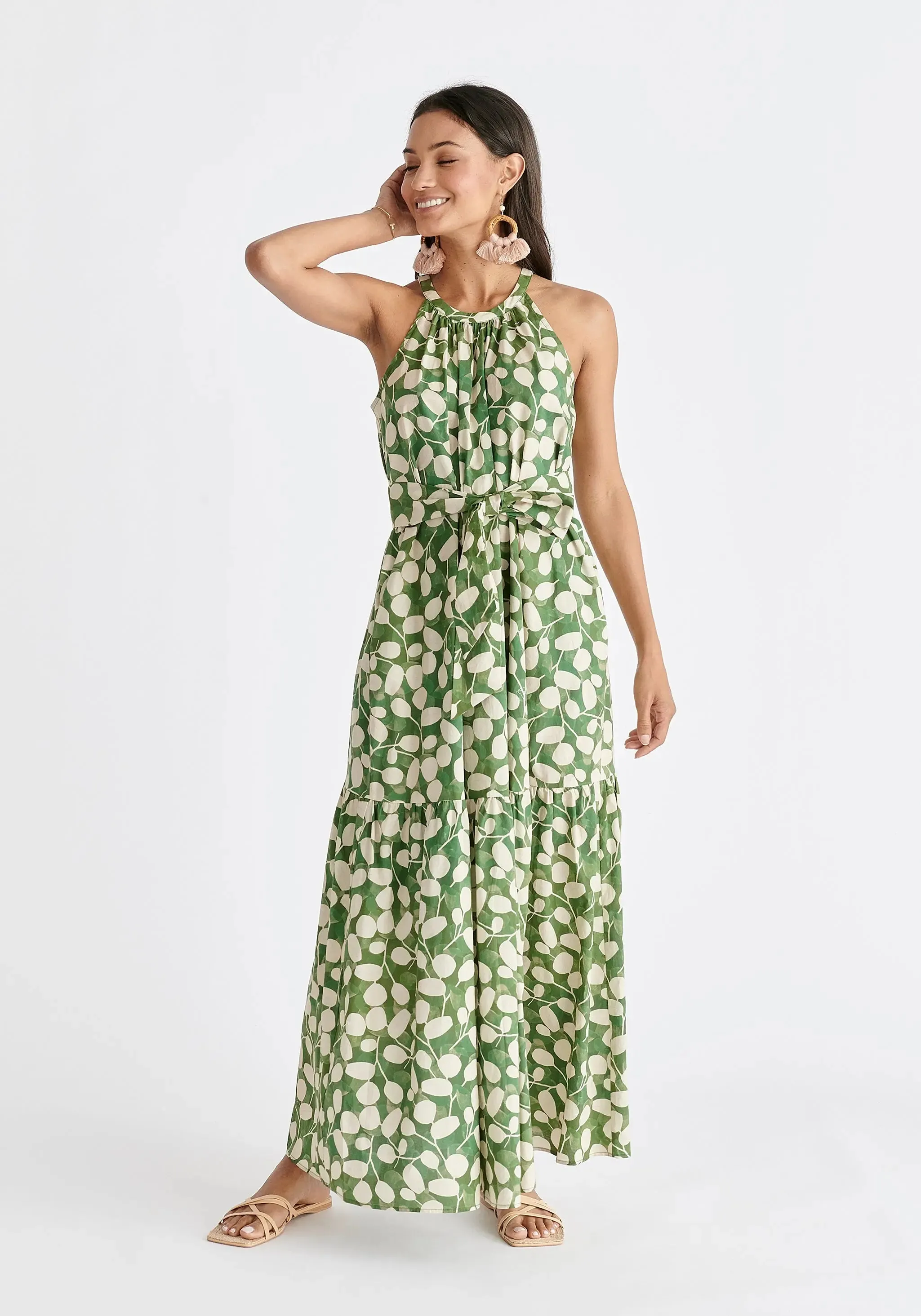 Green and Cream Halterneck Maxi Dress