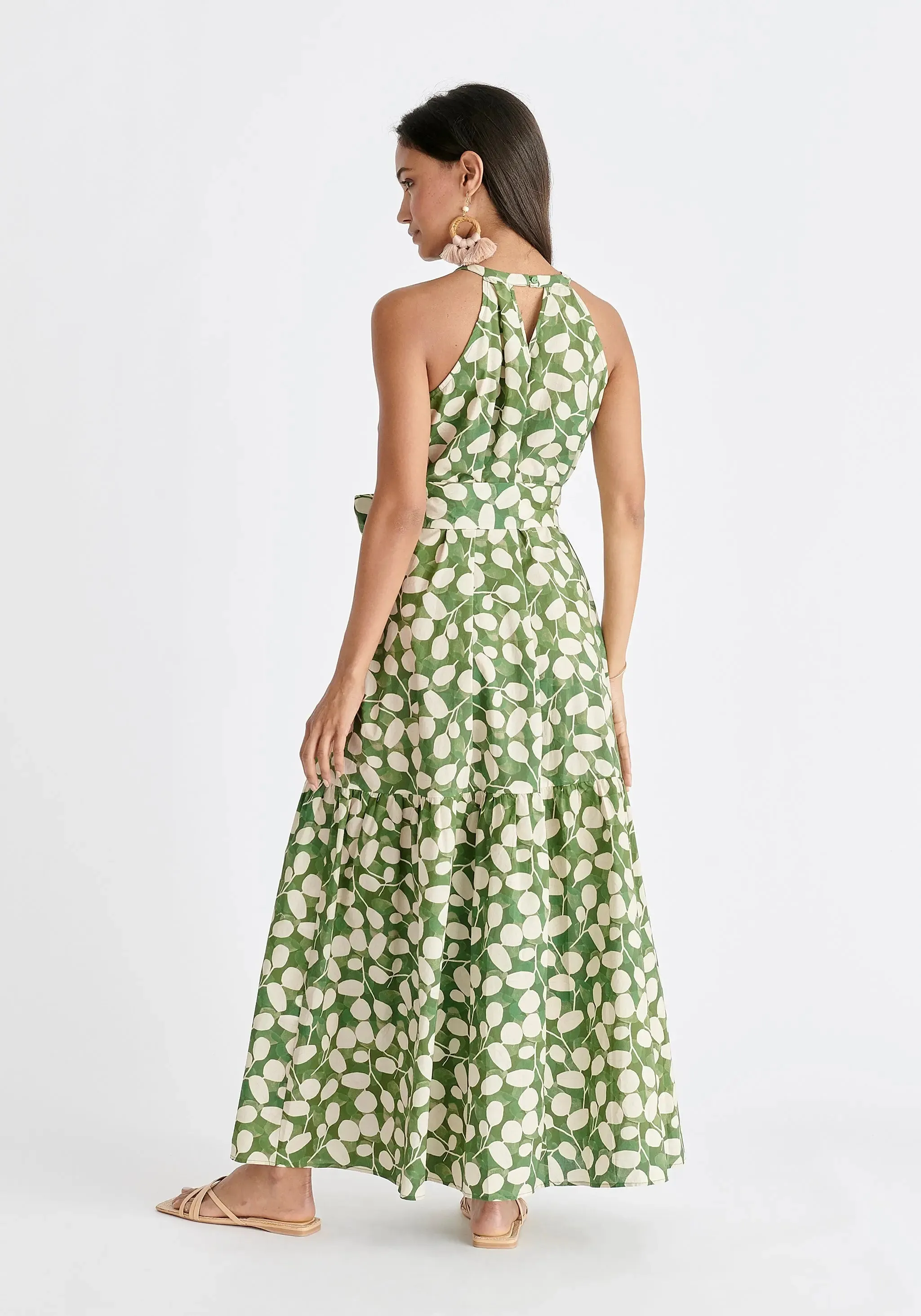 Green and Cream Halterneck Maxi Dress