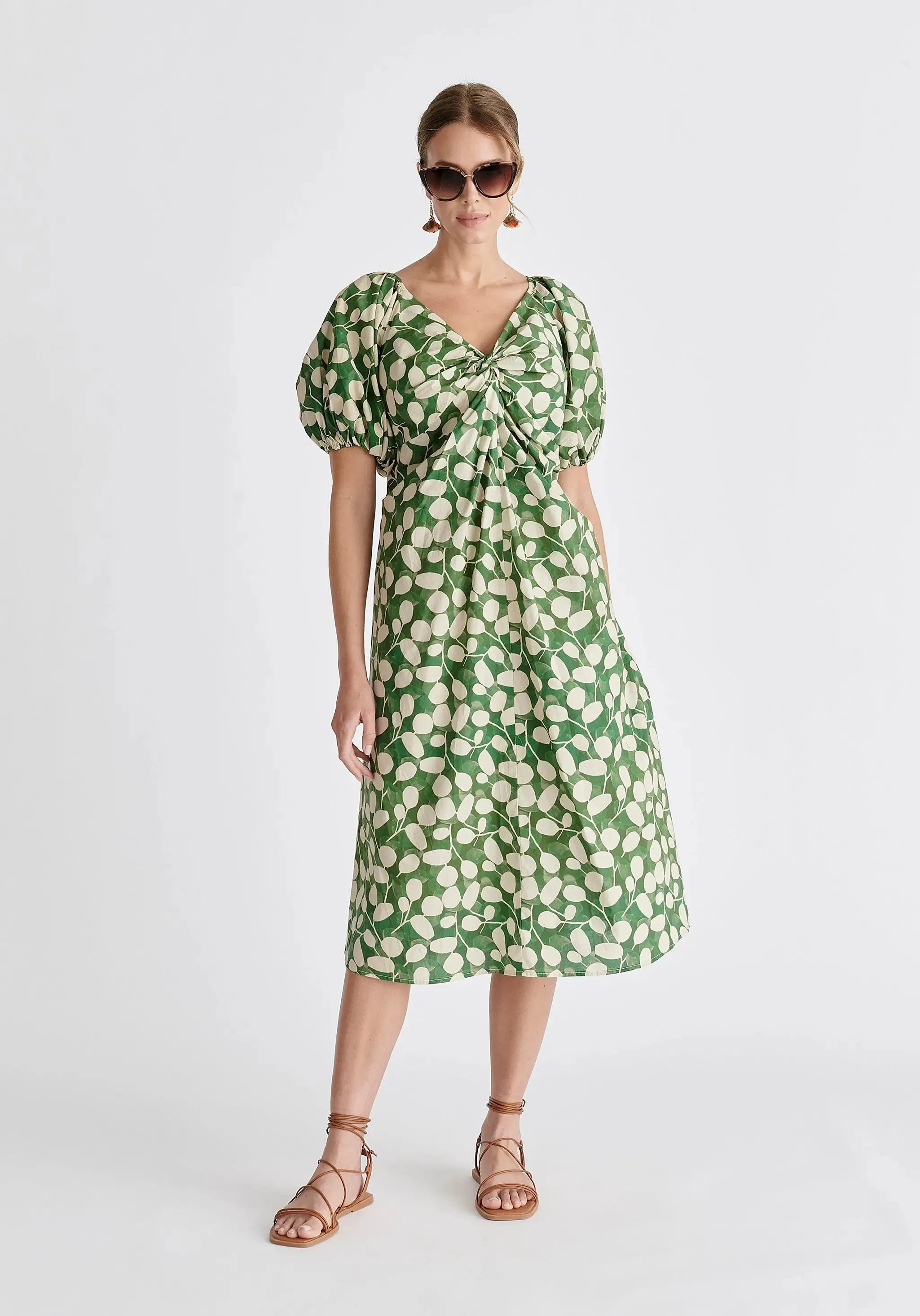 Green and Cream Puff Sleeve Twist Dress