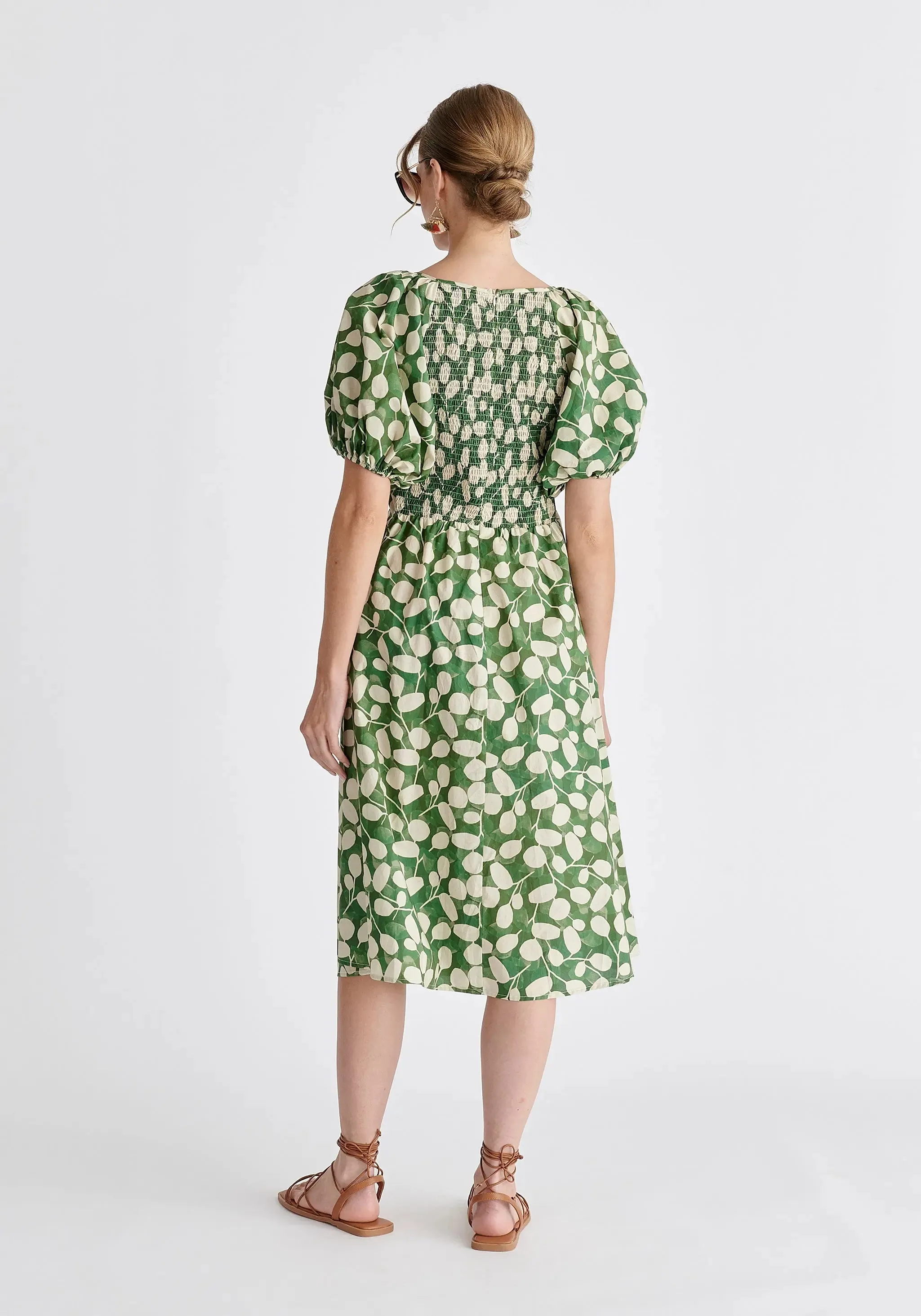 Green and Cream Puff Sleeve Twist Dress