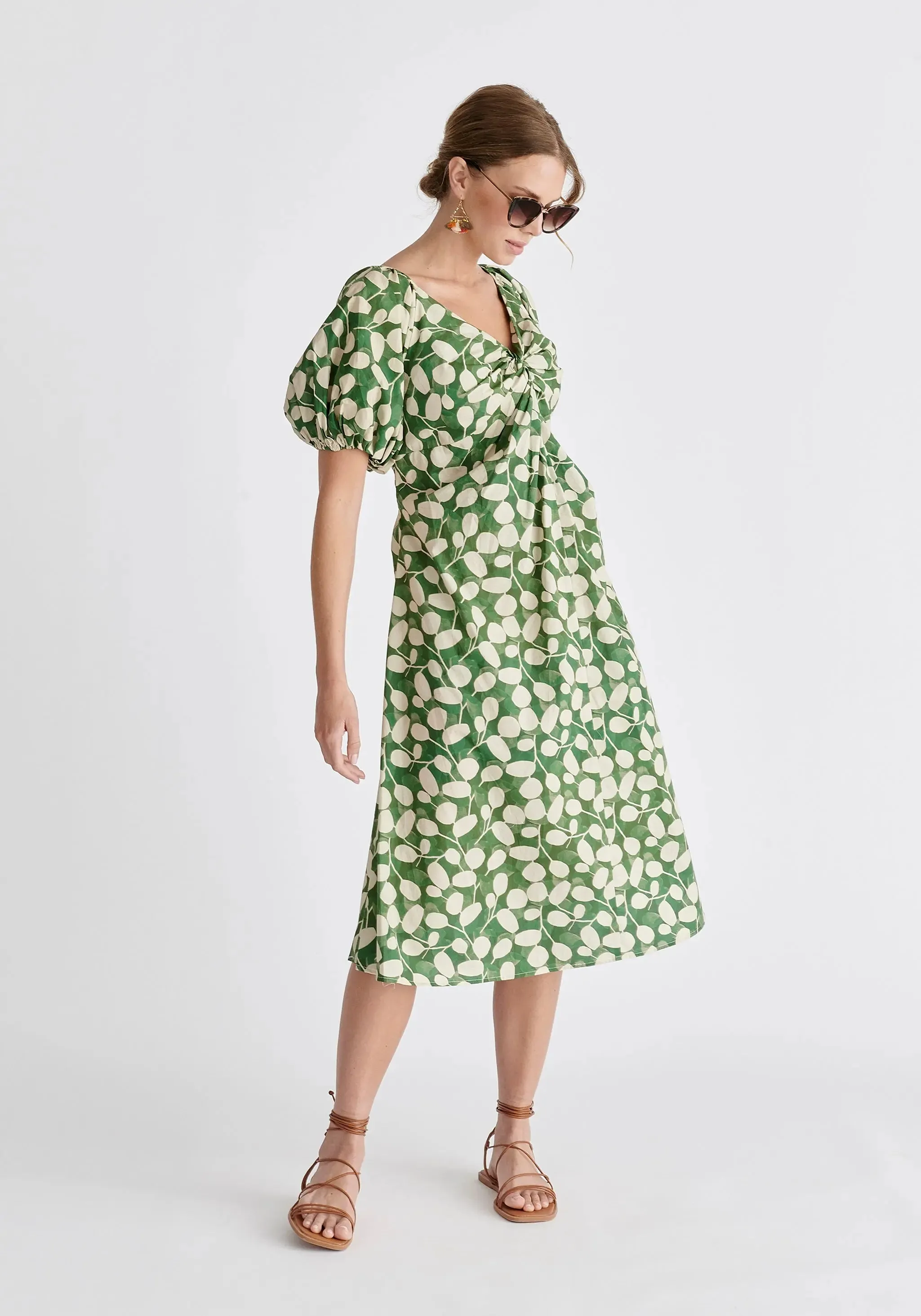 Green and Cream Puff Sleeve Twist Dress