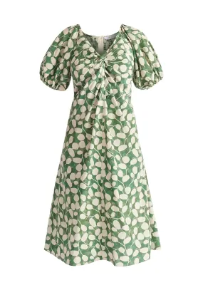 Green and Cream Puff Sleeve Twist Dress