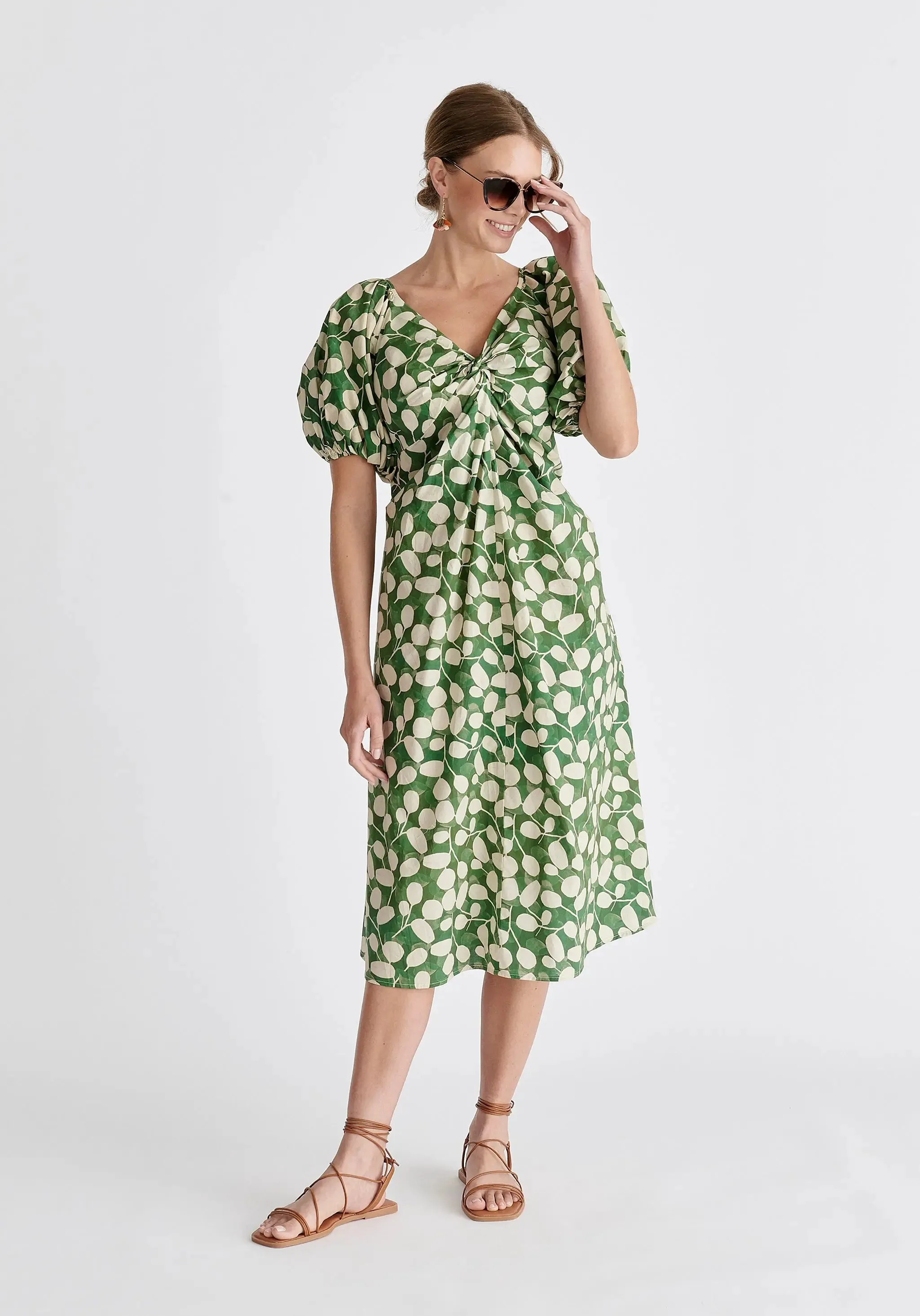 Green and Cream Puff Sleeve Twist Dress