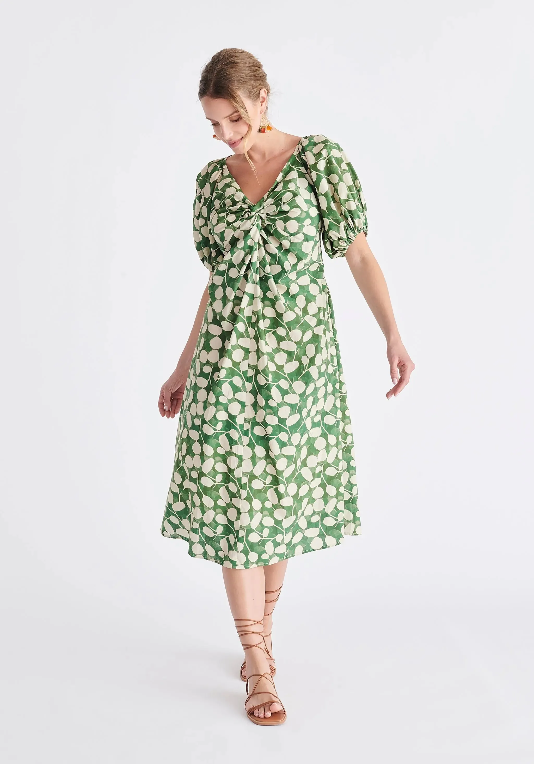 Green and Cream Puff Sleeve Twist Dress