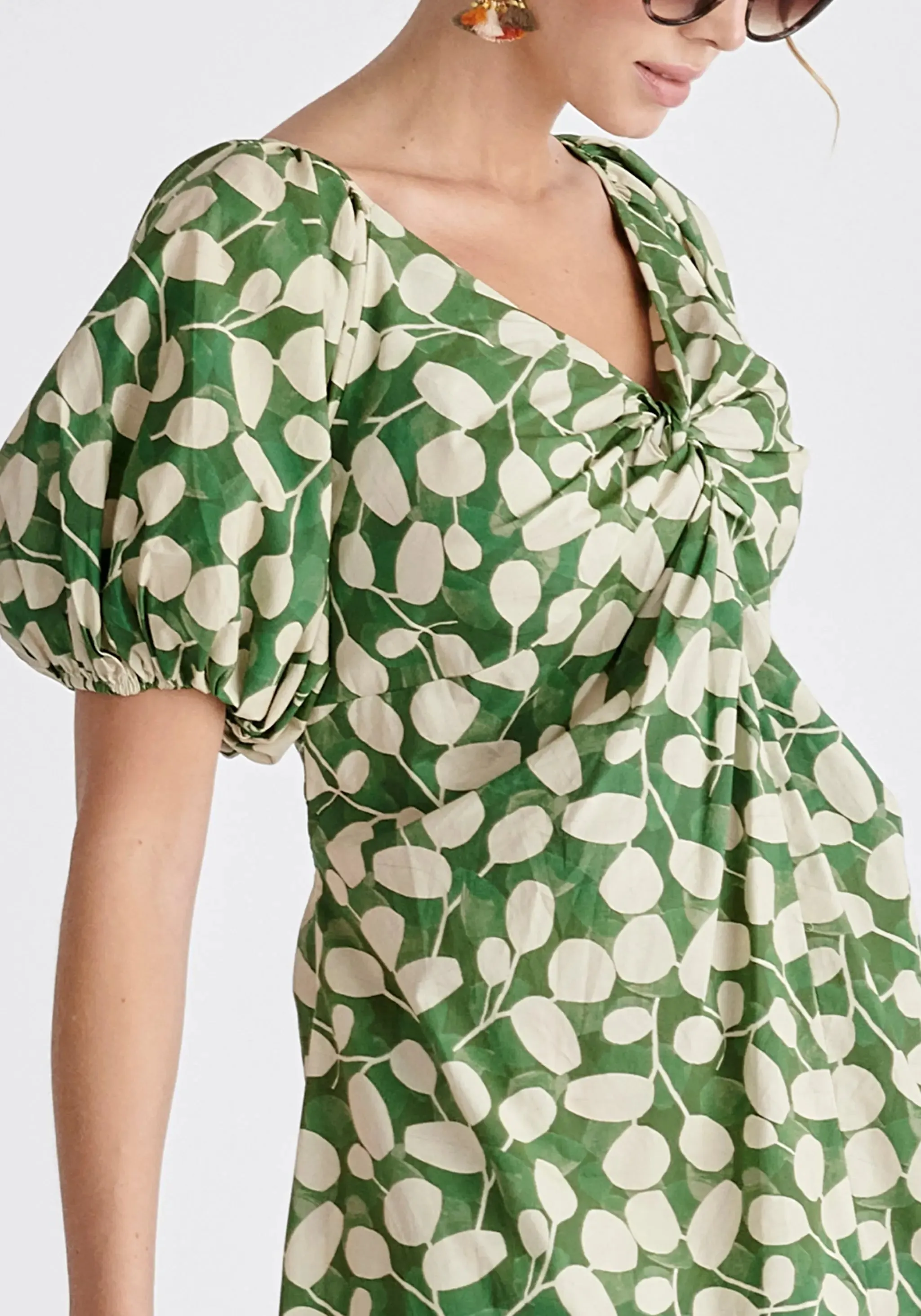 Green and Cream Puff Sleeve Twist Dress