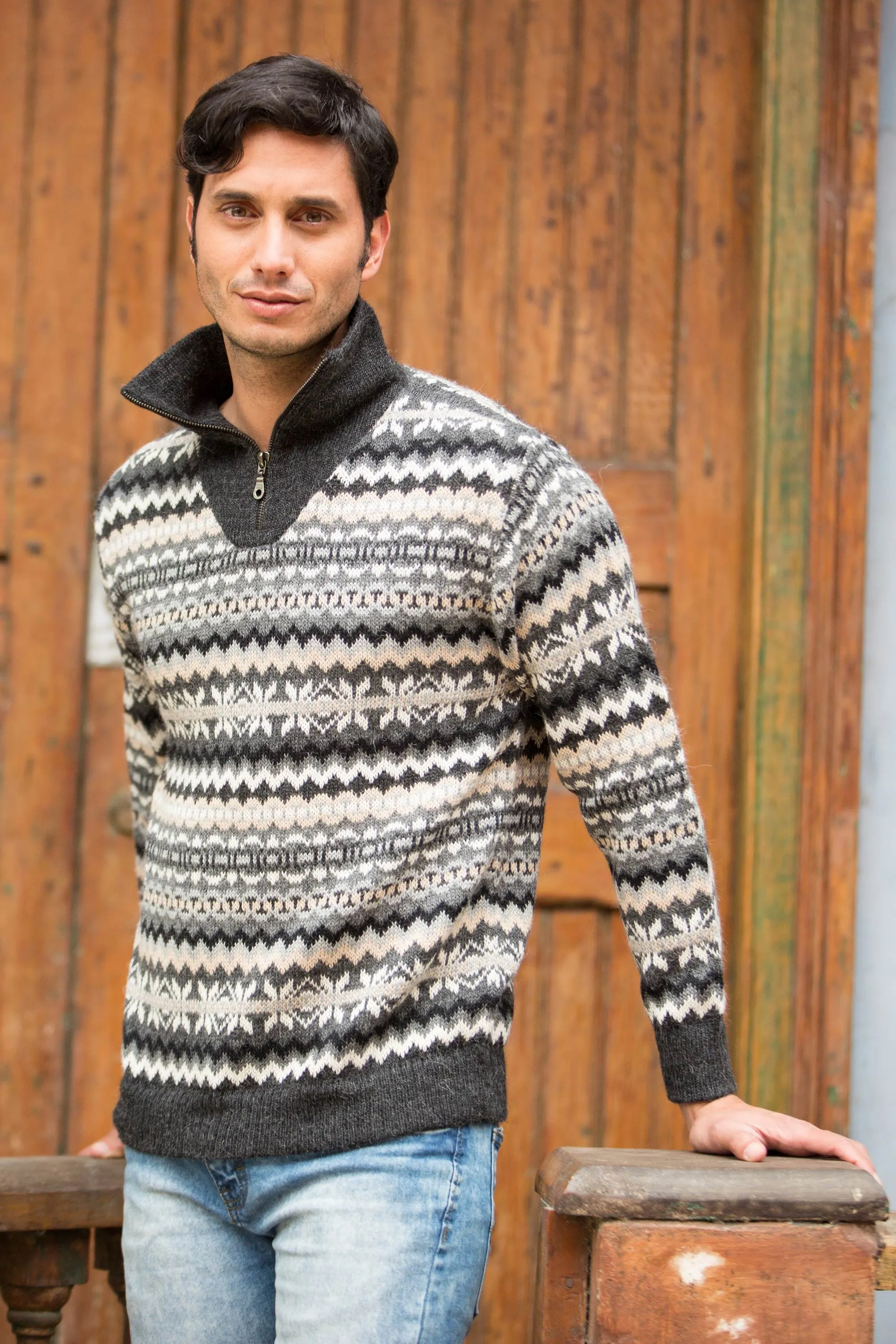 Grey and Ivory Men's Alpaca Sweater with a Zipper Turtleneck - Huascaran Explorer | NOVICA