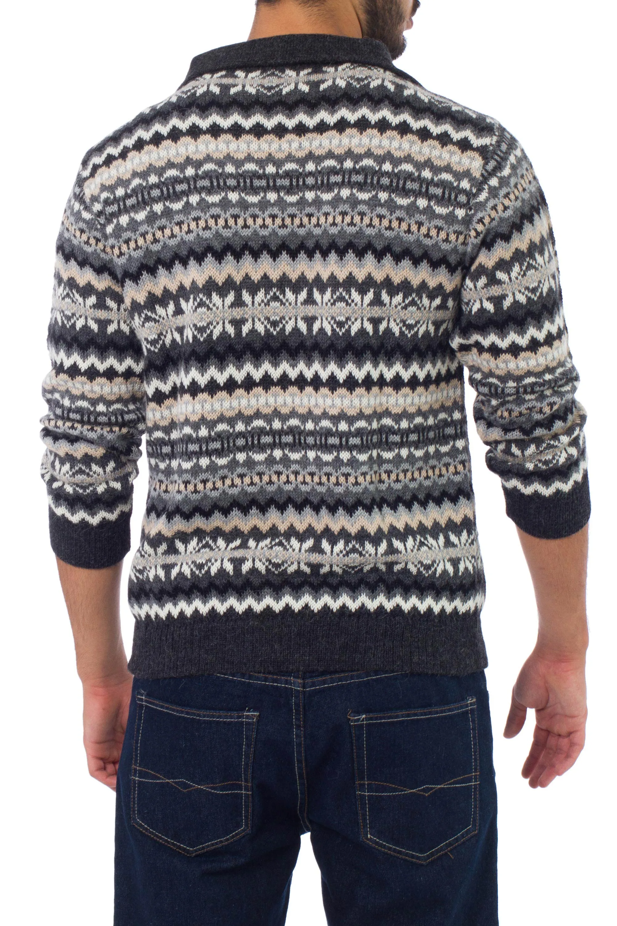 Grey and Ivory Men's Alpaca Sweater with a Zipper Turtleneck - Huascaran Explorer | NOVICA