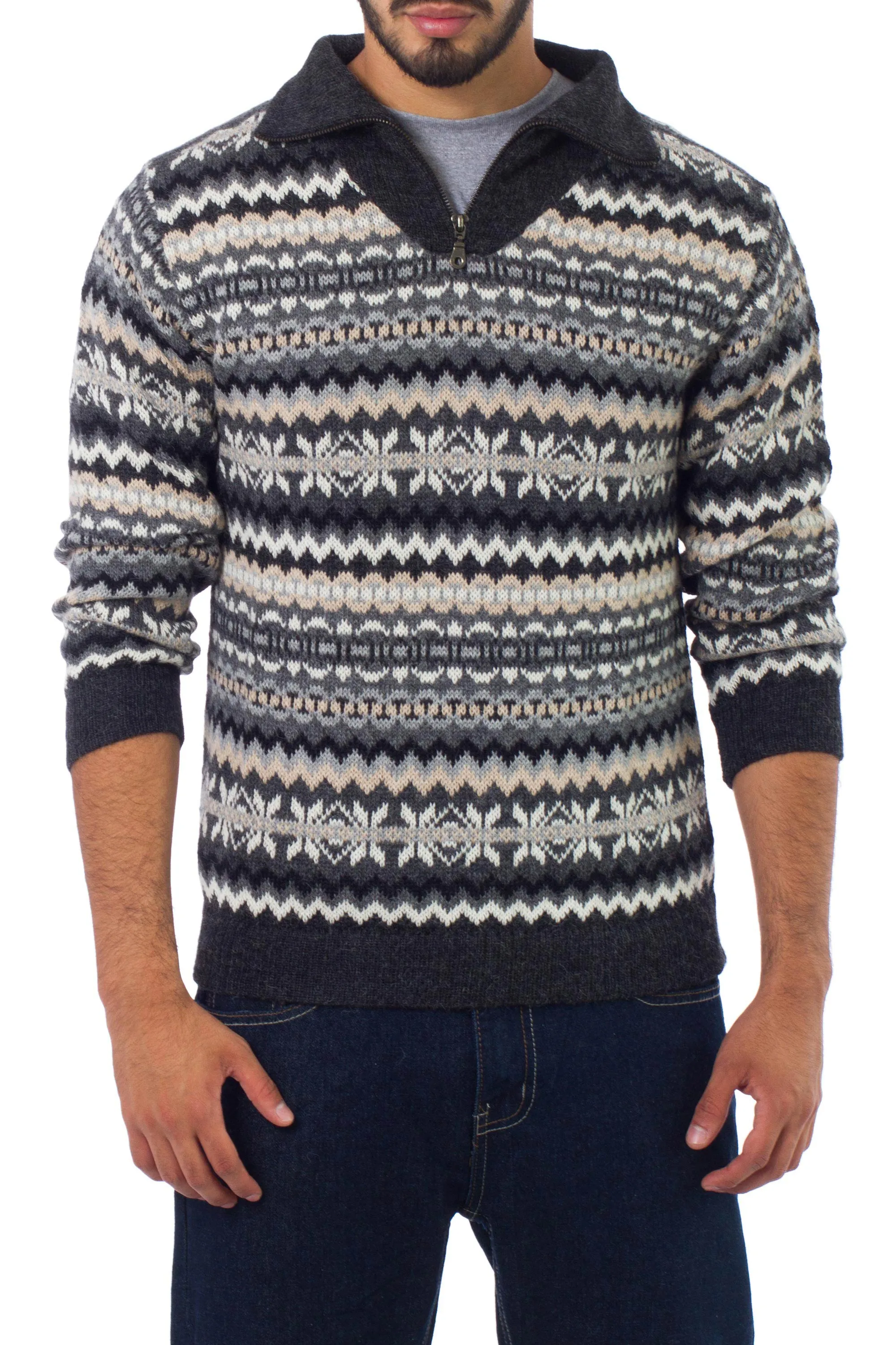 Grey and Ivory Men's Alpaca Sweater with a Zipper Turtleneck - Huascaran Explorer | NOVICA