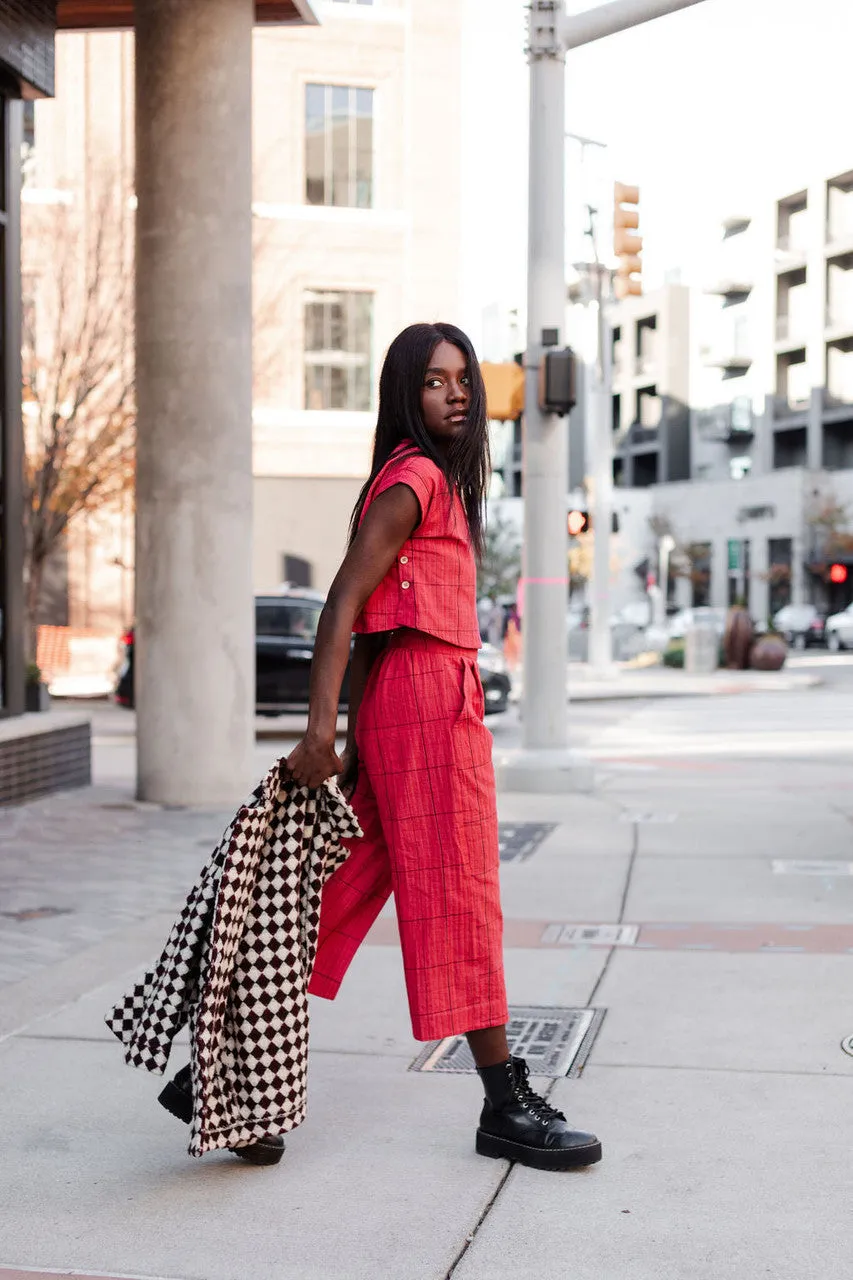 Handwoven Cotton Katie Crop Set in Red Plaid - XS Set and Shirt, M and L Shirt