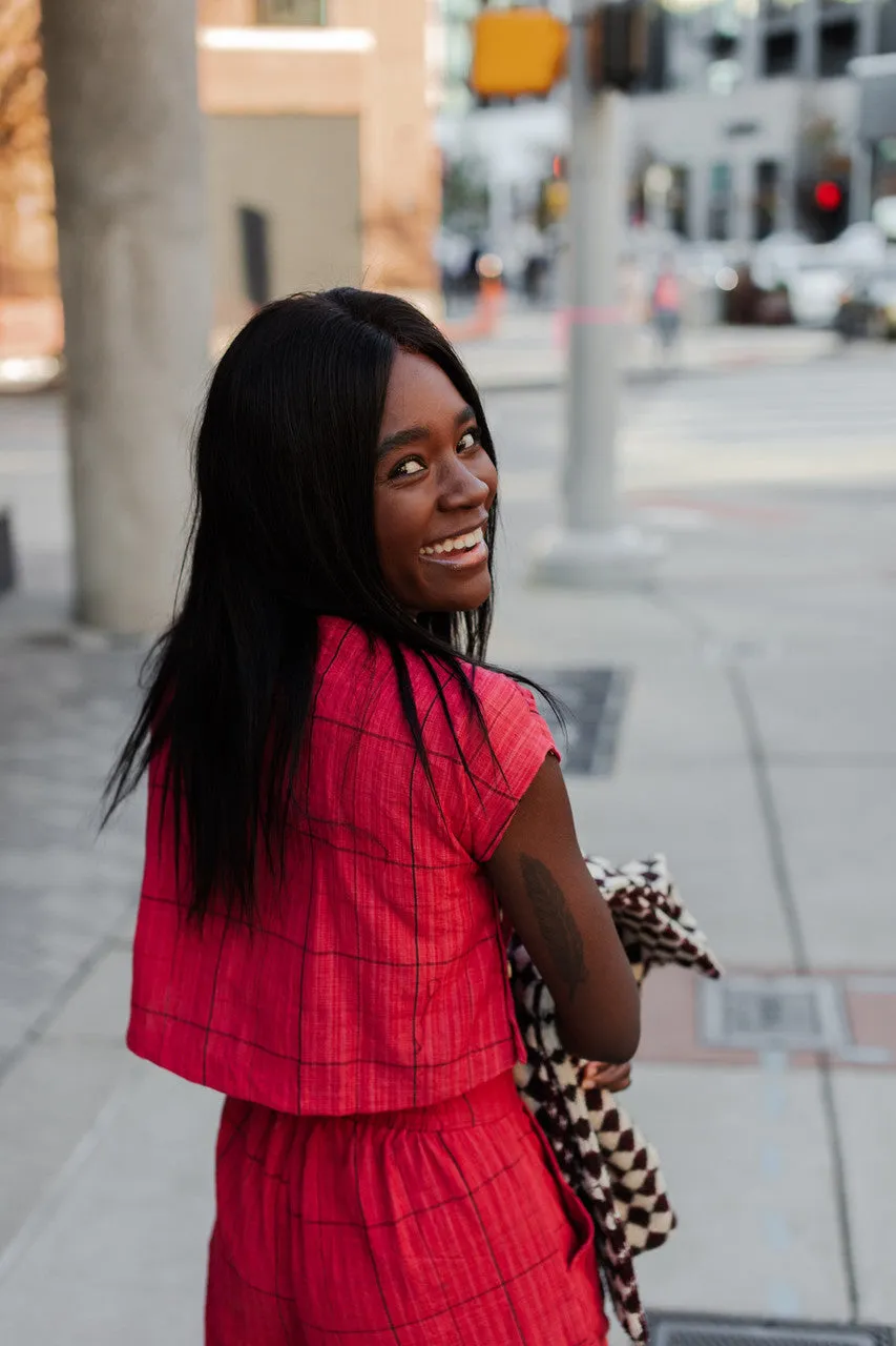 Handwoven Cotton Katie Crop Set in Red Plaid - XS Set and Shirt, M and L Shirt