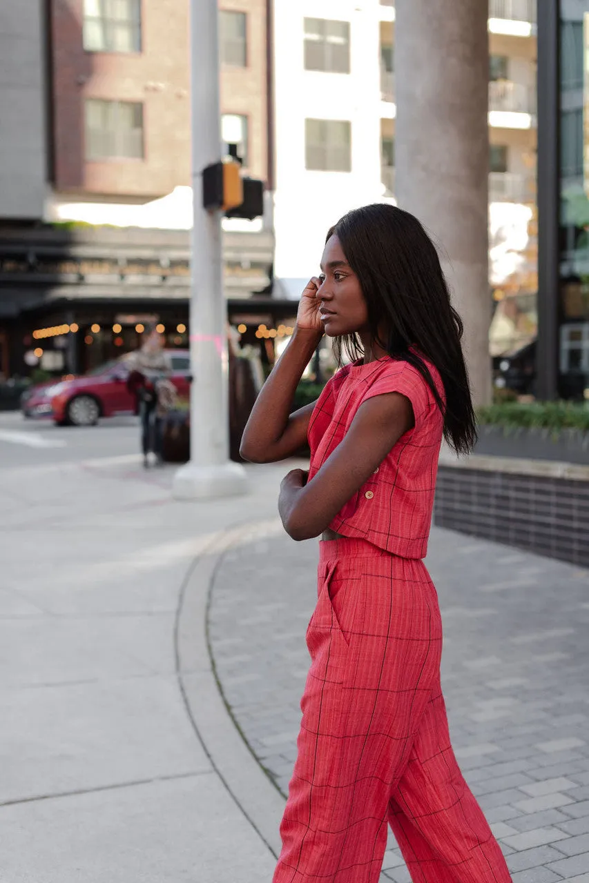 Handwoven Cotton Katie Crop Set in Red Plaid - XS Set and Shirt, M and L Shirt